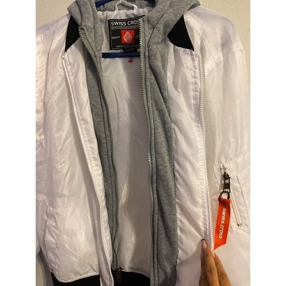 White and Grey Swiss Cross Hoodie Bomber Jacket Size Small NWOT - Picture 6 of 16